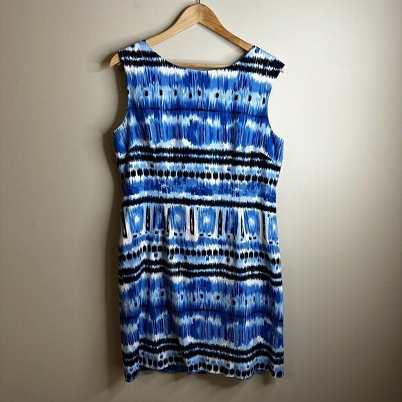 Tahari Sleeveless Midi Dress Sz 12P Blue Abstract Stripe Coastal Summer Fitted - Picture 1 of 14